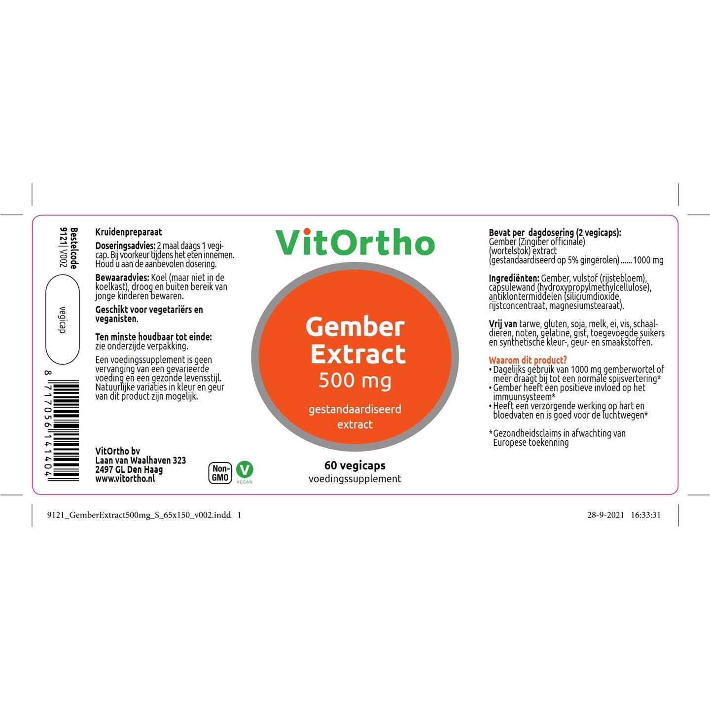 etiquette straf achterstalligheid Gember extract 500 mg (VitOrtho)